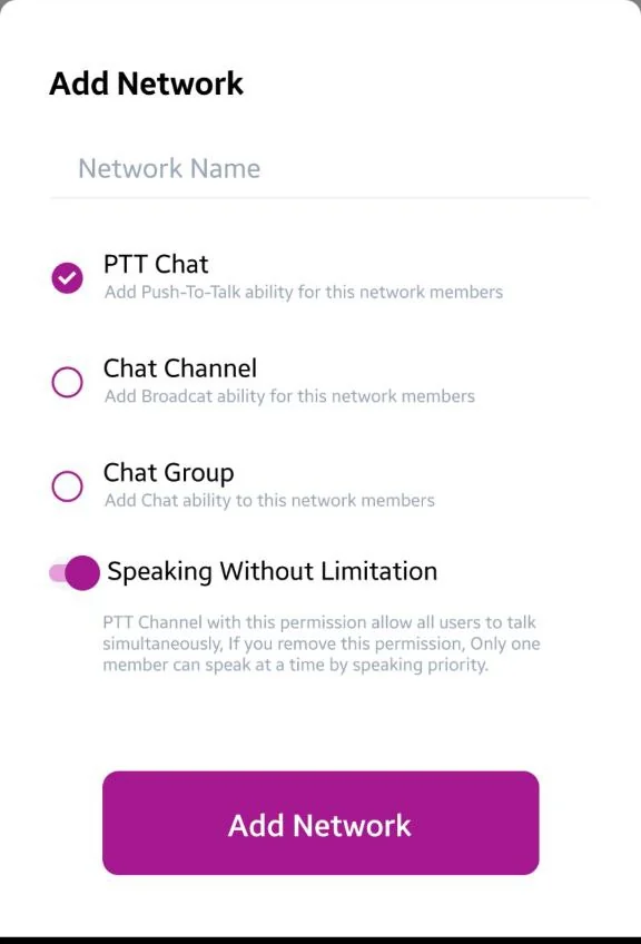 A TellHex sheet for adding a network: a name field, three kinds of network to choose from, and one permission underneath with the product's own note explaining it.
