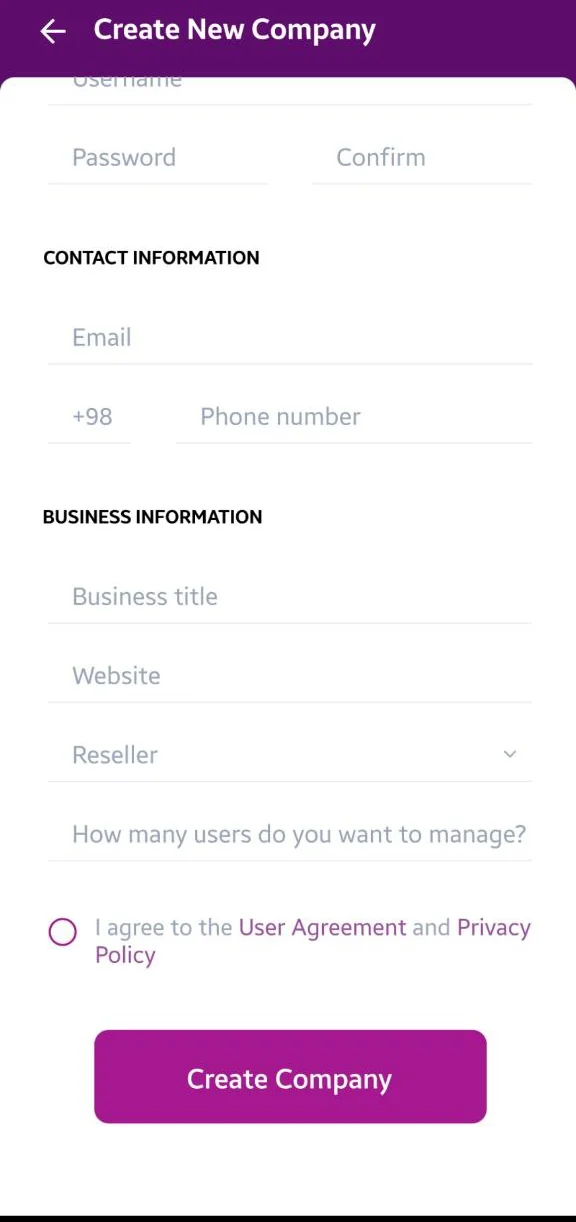 A TellHex form for creating a company, with every field empty: contact details, business details, and the agreement that has to be accepted.