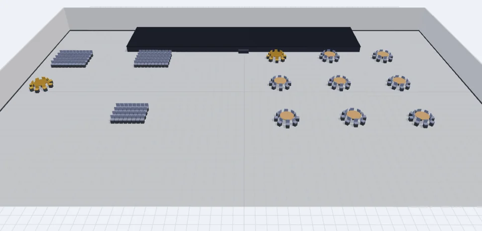 A room in ManageHex drawn in three dimensions, with a stage, banks of seating and round tables around them.