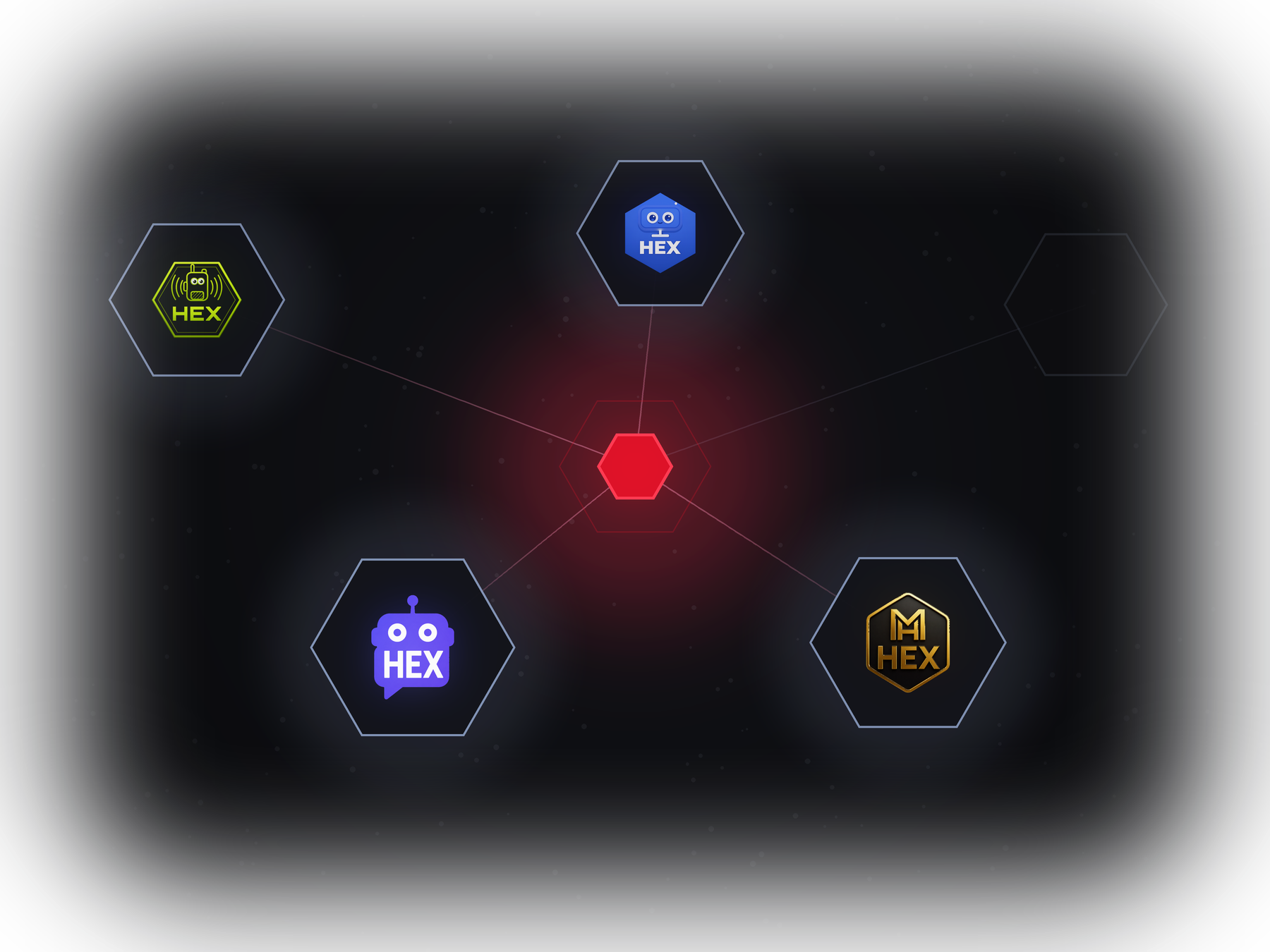 The five HexFa products drawn as one system: five hexagonal stations on a wide arc joined to a single lit centre. Four carry a product mark and the fifth is dark, for the product that is still to come.