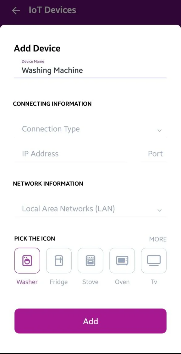 A TellHex screen for adding a device: a name field, fields for the connection and the network it is on, a row of device icons with a washing machine picked, and the control that adds it.