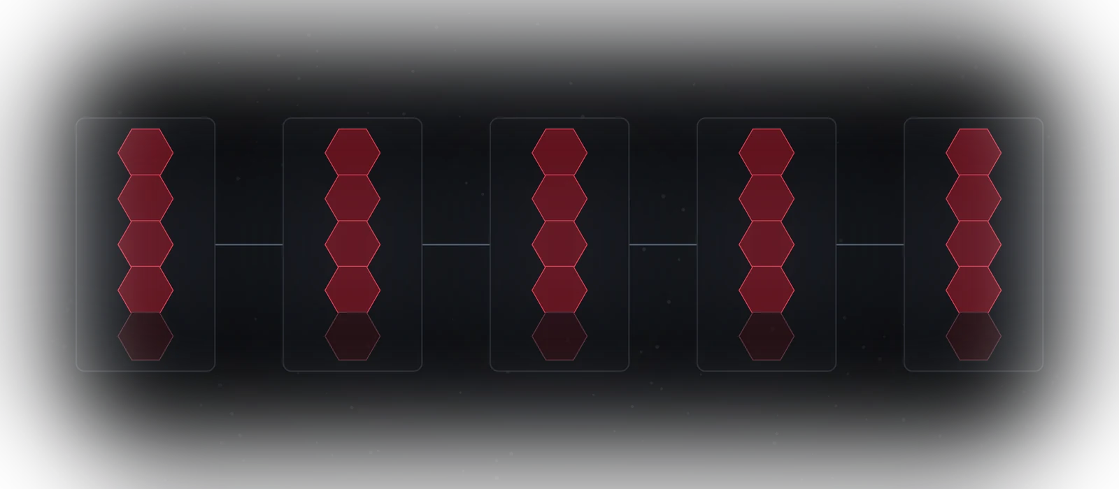 One system drawn across several separate racks of infrastructure, each holding the same shape, joined by lit links rather than gathered into one central block.