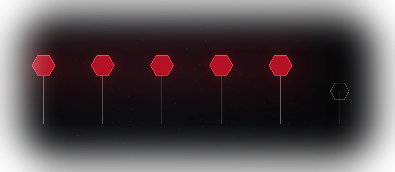 A line of markers set along a track, each one lit where a stage was reached, running away into the dark towards the ones not reached yet.