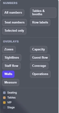 The ManageHex overlays panel, listing what can be drawn over the floor and the key for the table states.